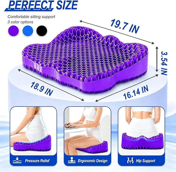 Thicken 19.7in Seat Cushion, Gel Seat Cushion for Long Sitting–Office Chair, Wheelchair, Car Pad, Large Cooling Support Pad for Back Pain, Sciatica, Tailbone Pain Relief - Image 2