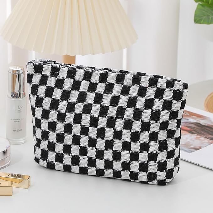 Cosmetic Bags for Women - Corduroy Cosmetic Bag Aesthetic Women Handbags Purses Smile Dots Makeup Organizer Storage Makeup Bag Girls Case Bags (Q-Checkered black) - Image 3