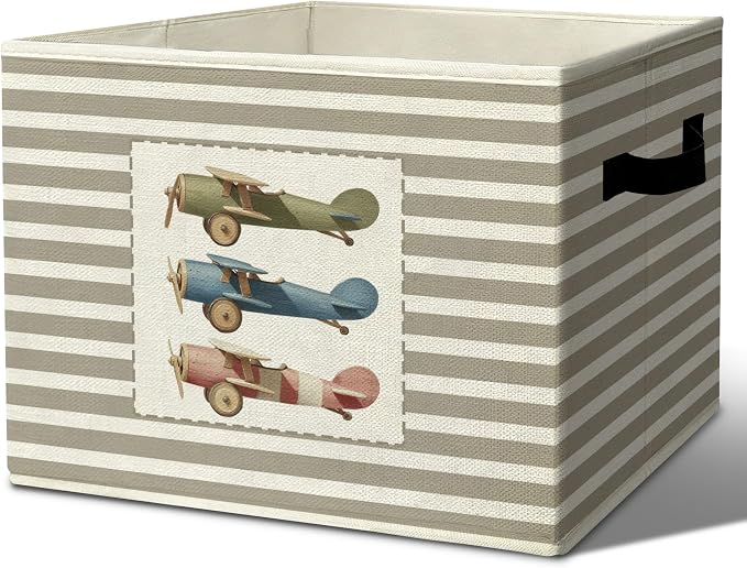 Vintage Airplane Storage Bins Boxes Handles | grey striped nursery foldable basket for organizing bedroom toddler playroom by Unknown