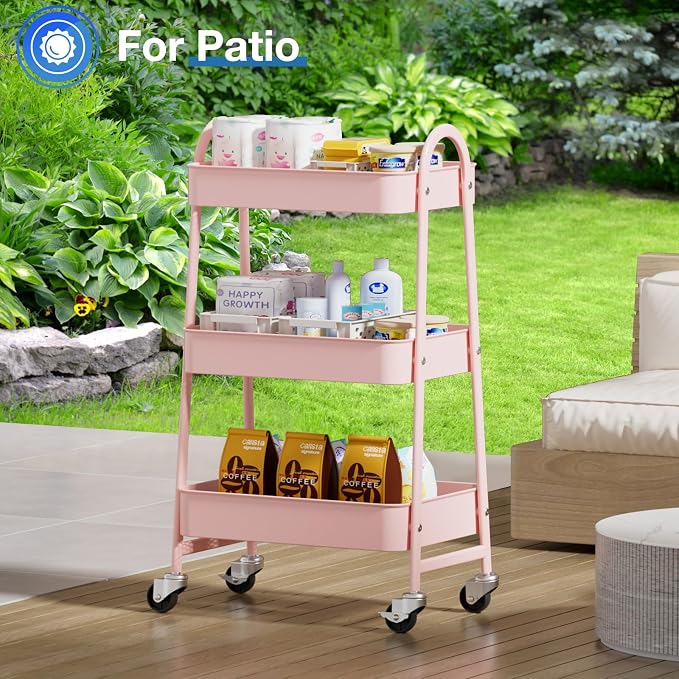 OLIXIS Metal 3 Tiers Rolling Storage Utility Cart with Lockable Wheels | Mobile Organizer Shelf, Space-Saving, Freestanding, Bathroom, Living Room, Slim, Narrow Corner Spaces, Pink - Image 5