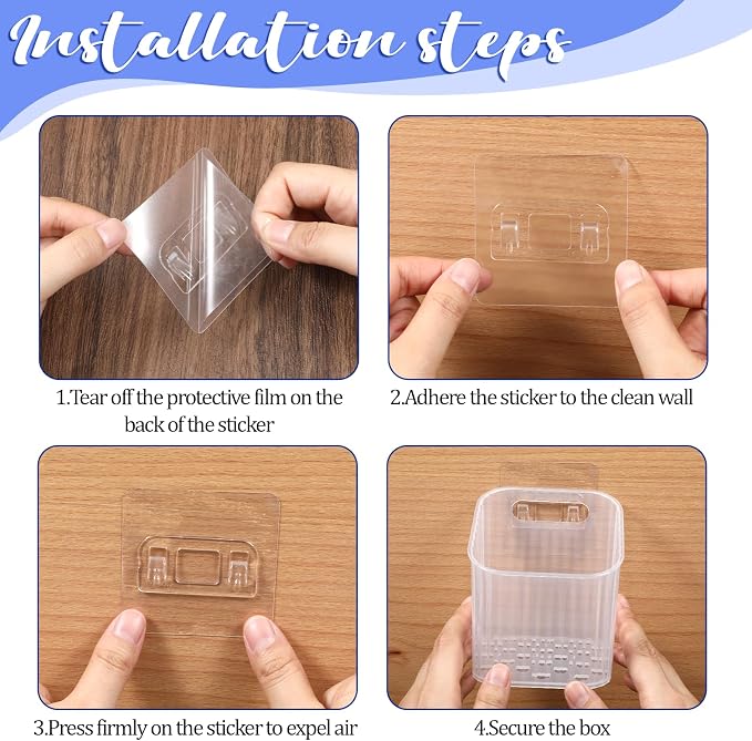 Clear Wall Basket, Wall Mounted Storage Bins, 8 Pcs | Plastic Cabinet Door Organizer Shower Caddy with Self-Adhesive Hanger, Containers Box for Bathroom Kitchen Pantry Countertop - Image 3
