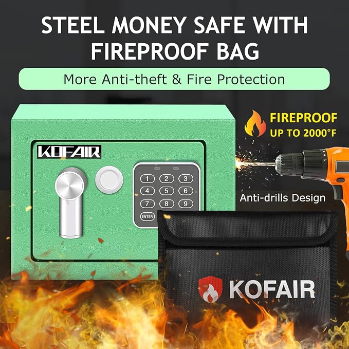 KOFAIR Safe Box for Home(0.23 Cubic Feet) with Fireproof Bag, Personal Money Safe for Cash Saving, Mini Safe Box with Key, Digital Safety with Light, Money Lock Box (Green) - Image 2