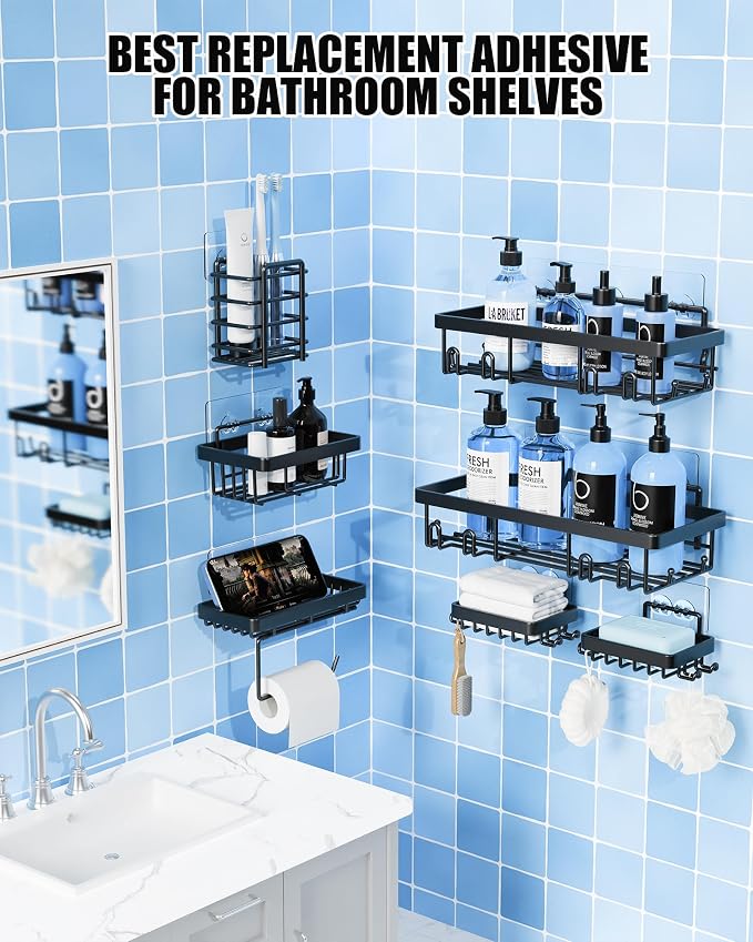 9 Pack Shower Caddy Adhesive Replacement, Strong Waterproof Transparent Adhesive Strips, No Drilling Shower Shelf Adhesive Hooks for Bathroom Shelves, Corner Basket, Soap Holder & Kitchen Racks - Image 8