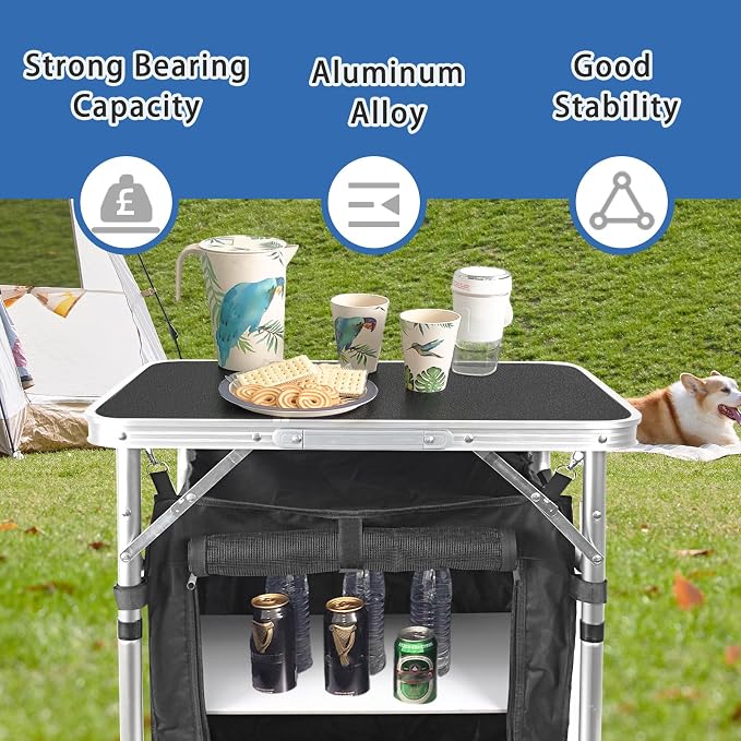 CampLand Folding Cooking Table Outdoor Portable Cook Station Aluminum Camping Kitchen with Storage Organizer, Windscreen, Hooks for BBQ, Party (SamllBlack) - Image 4
