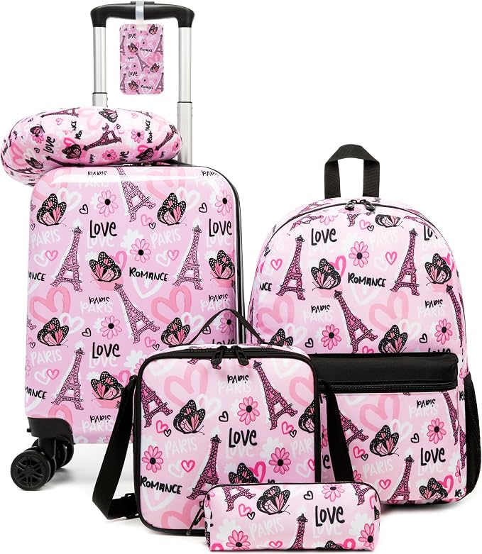 Kid's Luggage Set 5 Piece Suitcase Set 16" Hardside Luggage with Spinner Wheels Girls Carry on Toddler Travel Rolling Suitcase with Neck Pillow Airline Approved by Unknown
