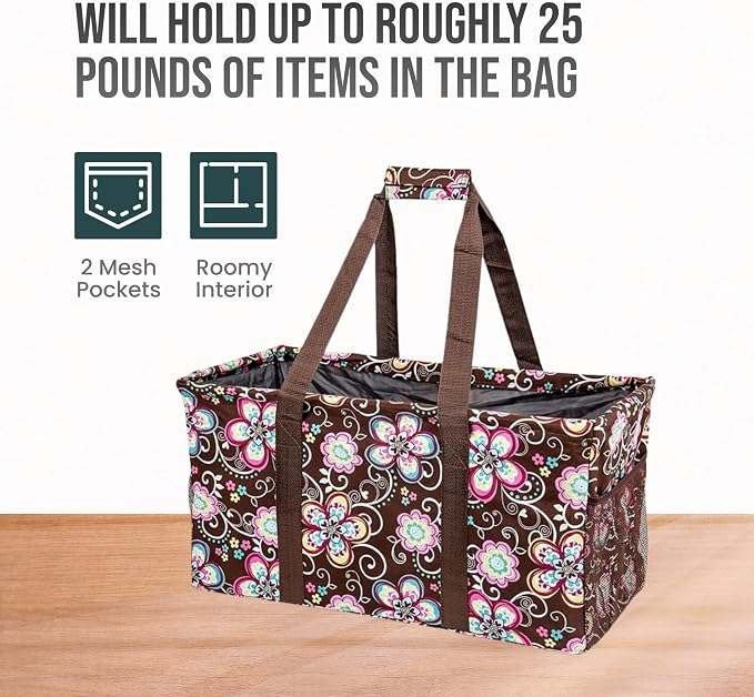 Extra Large Utility Tote Bag - Oversized Collapsible Reusable Wire Frame Rectangular Canvas Basket With Two Exterior Pockets For Beach, Pool, Laundry, Car Trunk, Storage - Brown Daisy - Image 6