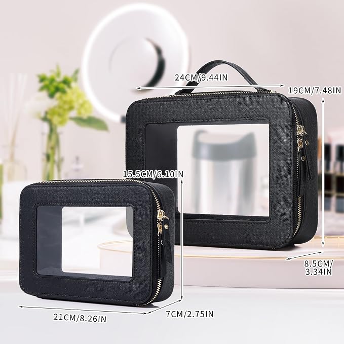 Pinkmik Clear Makeup Bag, (Black, M+L) | 2PC,Waterproof, Travel Cosmetics and Toiletries Case, Portable Makeup Organizer, Clear Car Bag with Zipper - Image 4