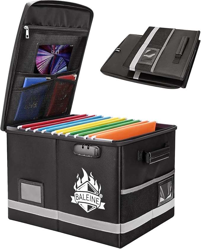 BALEINE Fireproof Document Box with Lock, Portable Fireproof Document Bag Waterproof Fire Proof File Boxes for Documents, File Organizer Box for Important Paperwork (Black, 16''x12.5''x11.5'') by BALEINE