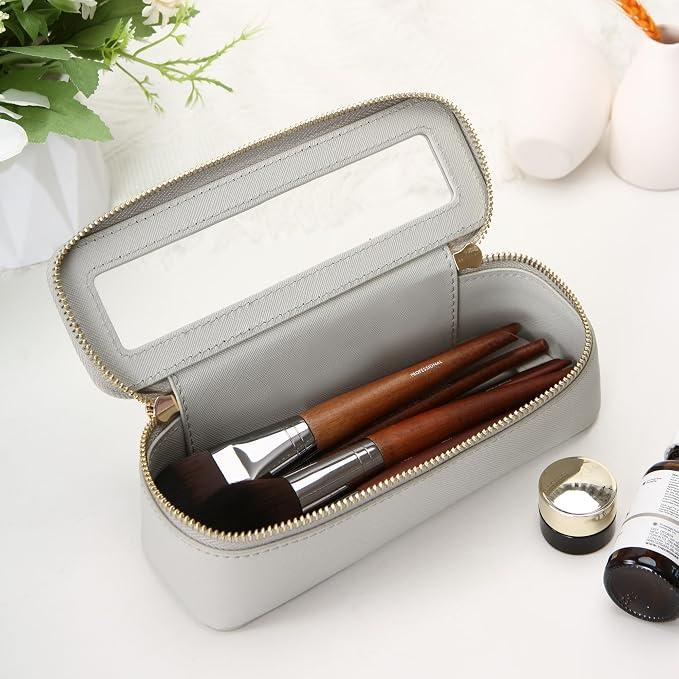 Aveniee Clear Makeup Brush Bag, Slim Brush Holder Cosmetic Case, Small Travel Toiletry Bag for Women, Thin Make up Bags with Zippers, Cute Travel Essentials Srorage Bag.Grey - Image 2