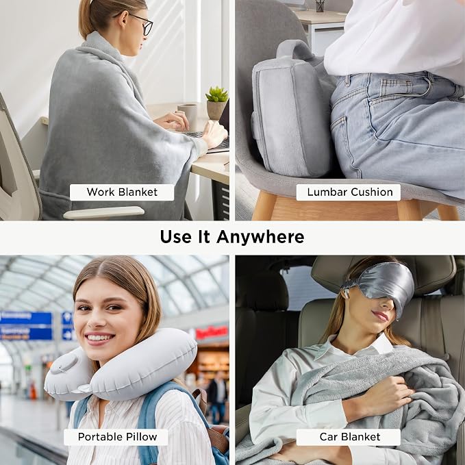 Bedsure Travel Blanket Set with Inflatable Neck Pillow and Eye Mask - Lightweight 3-in-1 Airplane Packable Blanket, Compact Travel Essentials, Grey - Image 7