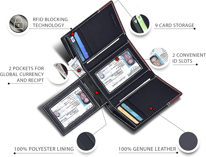 Real Leather Mens Trifold Wallet RFID Blocking Slim Minimalist Front Pocket - Thin & Stylish with ID Window in Gift Box - Image 2