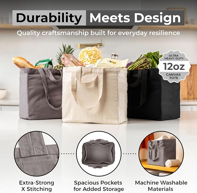 VeraMia Canvas Grocery Bag 3pc XL Set with Real Pockets, Long Shoulder Strap and Short Handle. Heavy Duty, Foldable, Washable - Image 3