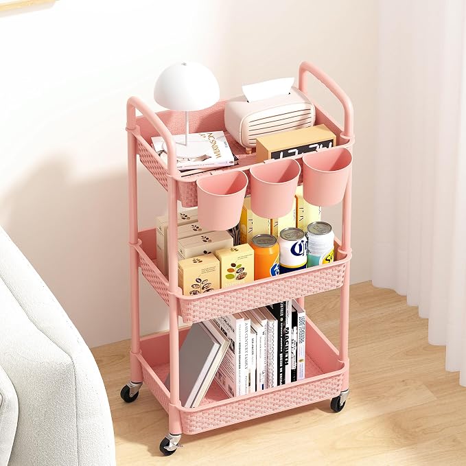 MOYIPIN 3-Tier Plastic Rolling Utility Cart with Handle,Pink | Utility Storage Cart for Office, Living Room, Kitchen,Movable Storage Organizer，Easy installation，Rattan-like art design - Image 3