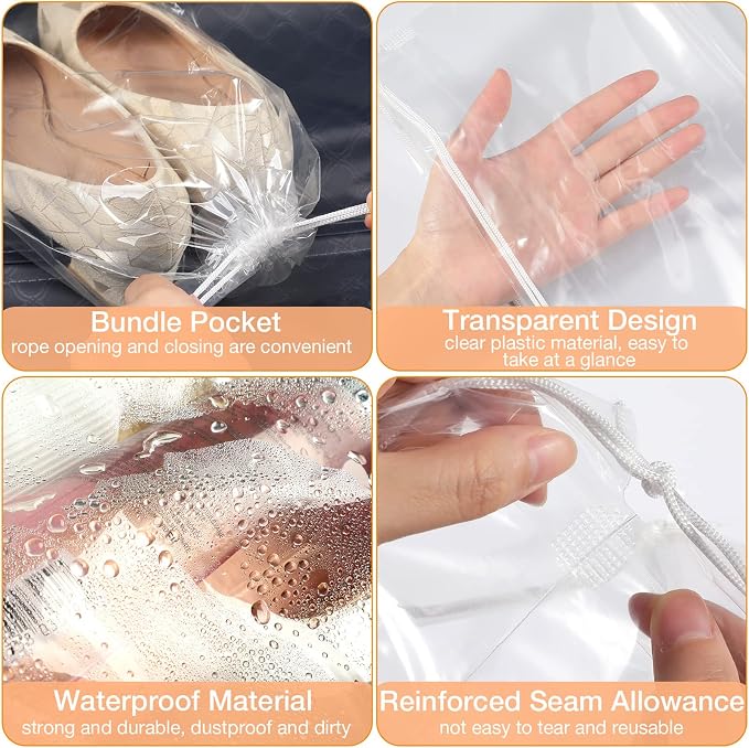 100 Packs Shoes Bags for Travel 10 x 14 Inch Large Transparent Plastic Bags | Clear Drawstring Bags Plastic Waterproof Shoe Packing Bag Storage Organizer Pouch with Rope for Men Women Travel Accessories - Image 3