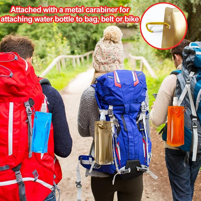 smilixin 10 Pack Collapsible Water Bottles,Collapsible Bag Water Bottles | Drinking Water Bags with Carabiner Clip,480ml Travel Water Bottle,Leak Proof,Reusable,BPA Free for Camping,Hiking Travel,Gym - Image 5