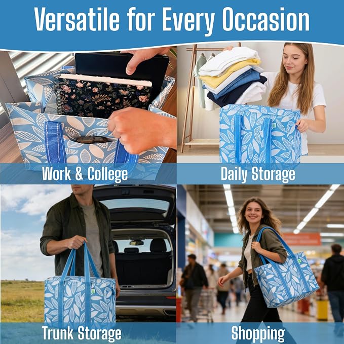 VENO 4 Pack Utility Tote Reusable Grocery Bags with Zipper & Hard Bottom | Heavy Duty Foldable Water-Resistant Shopping Bags for Summer Beach, Pool, Picnic & Travel Carry-on (Spring Breeze, 4 Pack) - Image 2