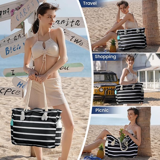 Clothirily Beach Bag for Women, Large Beach Tote Bag Waterproof with Zipper | Large Capacity Swim Pool Bag, Inner Pockets, Sandproof Foldable Beach Tote for Travel Essentials - Image 7