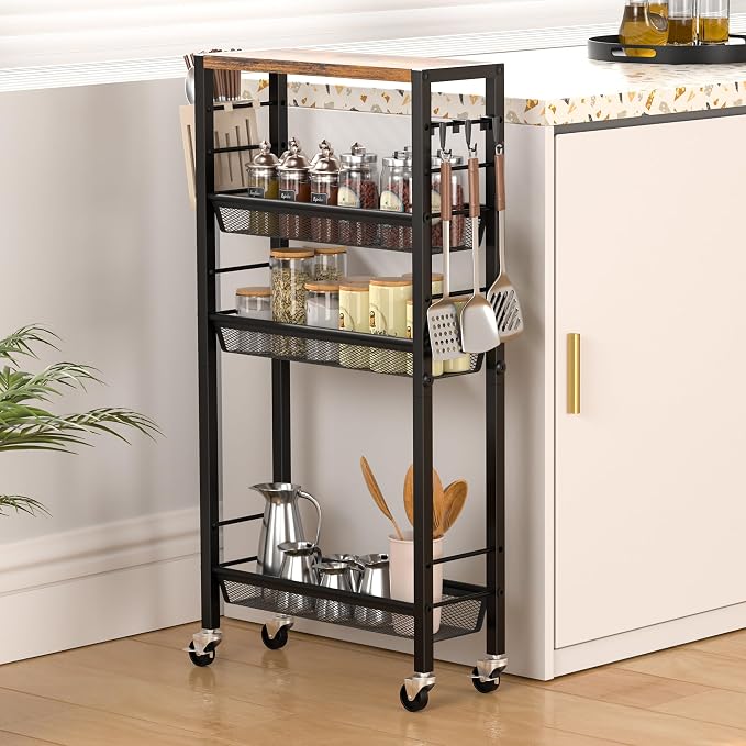 Slim Rolling Cart, 4-Tier Narrow Kitchen Storage Cart, Slim Utility Cart on Wheel, Skinny Bathroom storage cart with Wood Tabletop, 6.0" Deep, For Kitchen, Dining Room, Living Room, Laundry Room - Image 3