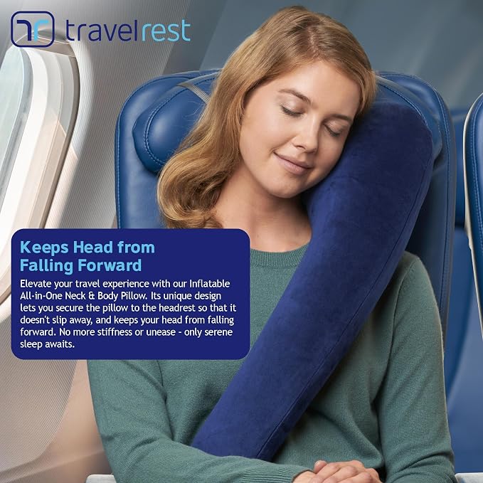TRAVELREST All-in-One Travel Neck Support & Body Pillow - Blue | Memory Foam Cover, Inflatable Travel Essential, Upper Compact Support, Sleeping Accessories, Road Trip & Long Flight Comfort - Image 3