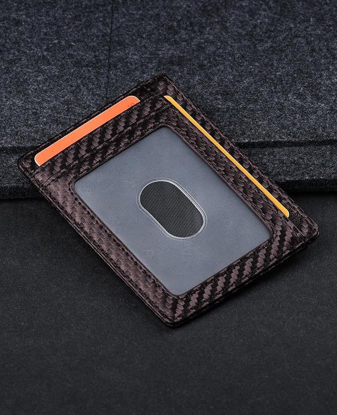 Buffway Slim Minimalist Front Pocket RFID Blocking Leather Wallets for Men and Women - Carbon Fiber Coffee - Image 3