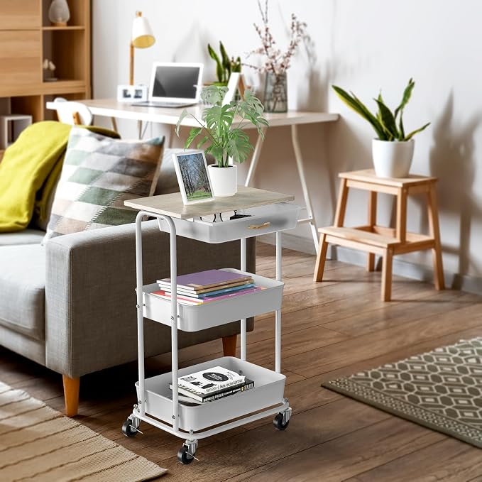 Simple Houseware 3-Tier Rolling Utility Cart with Drawer & Wood Top, Maple | Mobile Sofa Side Table, Nightstand, Slim Storage Organizer Trolley for Bedroom, Bathroom, Office & Art Supplies - Image 3