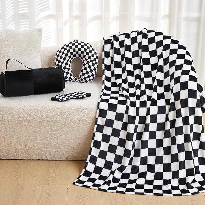 HunnmingRe 5 Pcs Travel Pillow and Blanket Set, 5 in 1 Travel Airplane Compact Includes 40 x 60 Inch Throw Blanket Eye Mask Neck Pillow Earplug and Bag Gifts for Travelers Women(Checkered,Black) - Image 6