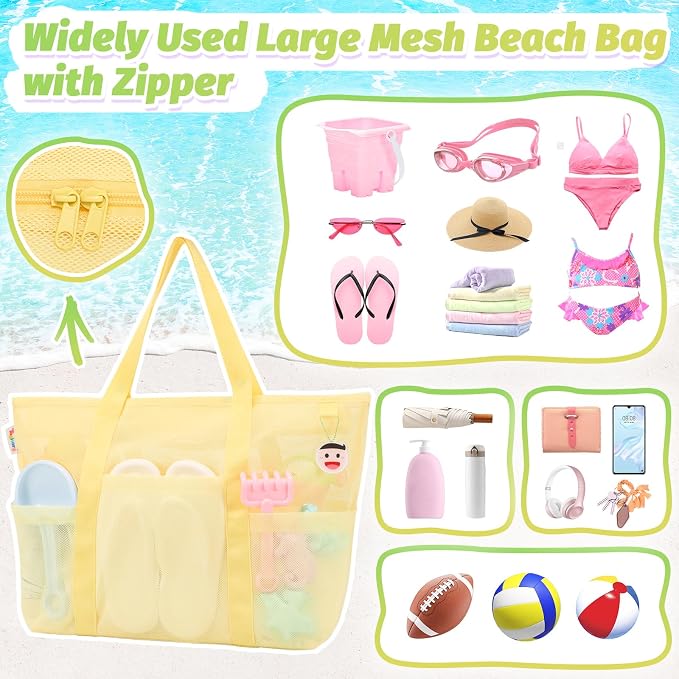 Tagitary Mesh Beach Bag with Zipper Large Beach Tote Waterproof Sandproof with 8 Pockets for Toys Pool Bag Beach Accessories - Image 4