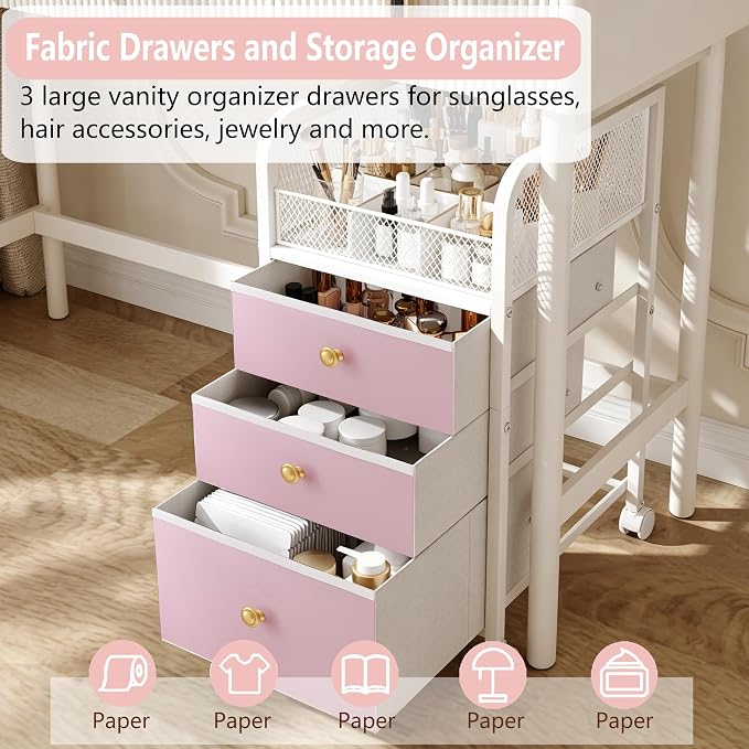 Rolling Makeup Vanity Cart Makeup Organizer with Drawers for Girls | Vanity Cart Bathroom Storage Cart Cosmetic Vanity Display Cases Holder for Nail Polish Brush Hair Tool - Image 3