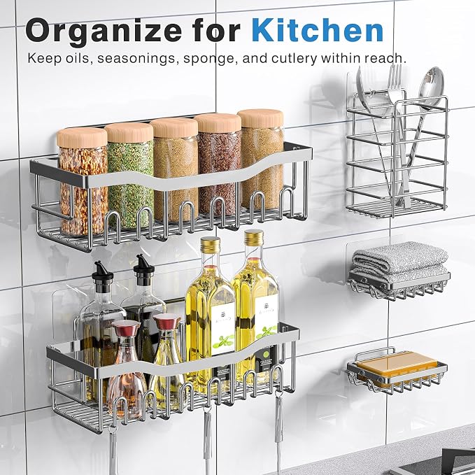 EUDELE 5-Pack Adhesive Shower Caddy Organizer, Large Capacity Rustproof Stainless Steel Shower Shelves, No Drill Bathroom Storage for Shower, Kitchen & Home Decor - Image 7