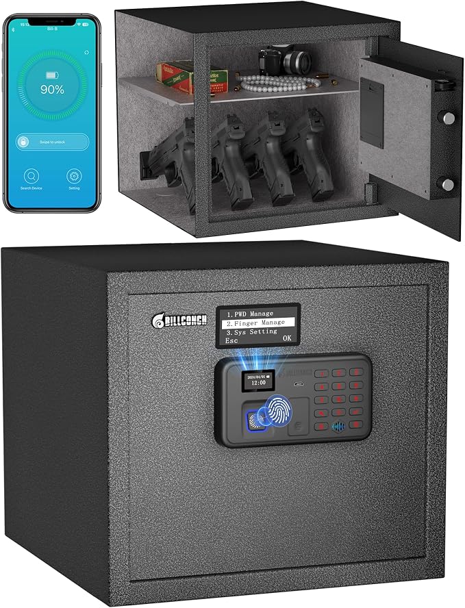 Billconch Smart Gun Safe for Multiple Pistols - Automatic Lock Safe Box | Biometric Handgun Safe for Money Valuables with LCD Display/Voice Guide, Quick Access Unlock with Fingerprint/Keypad/Key/App by BILLCONCHSmartGunSafes