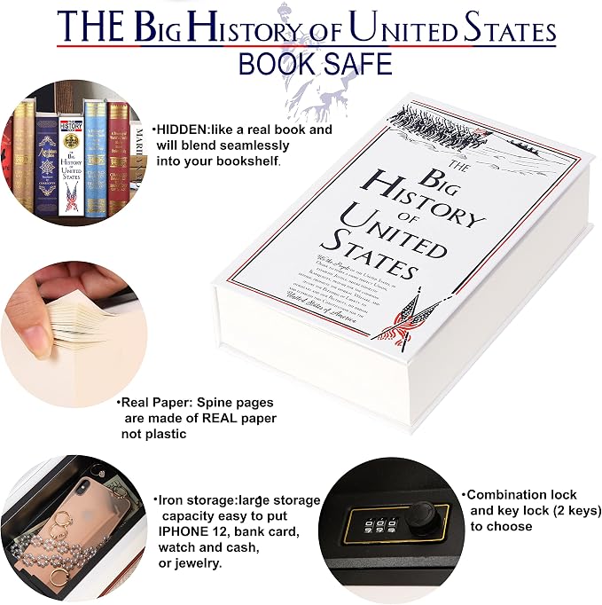 US History Book Safe with Real Pages, Key Lock Diversion Safe | Hidden safe box and hollow storage compartment for cash money,Decorative book box stash case for passport savings - Image 5