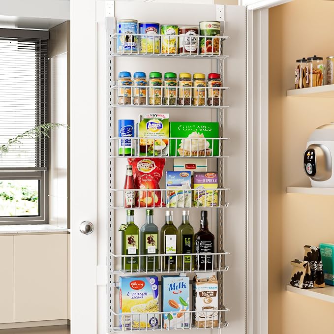 Delamu Adjustable Cabinet Door Organizer, 6-Tier Hanging Spice Rack Organizer, Metal Over the Door Pantry Organizer, Pantry Organizers and Storage Shelves for Kitchen Bathroom Laundry Room, White M by DELAMU