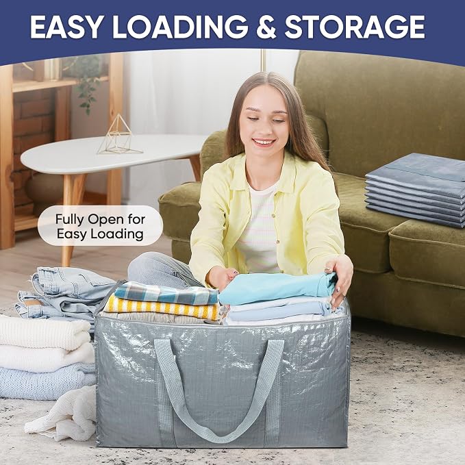 TICONN 2 Pack Extra Large Moving Bags Heavy Duty with Zippers & Carrying Handles, Durable Storage Bags Moving Boxes for Closet Organizers and Storage (2 Pack, Light Grey) - Image 7