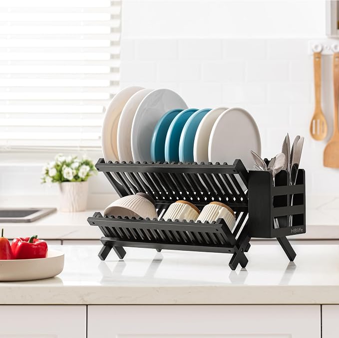HBlife Dish Rack, Bamboo Folding 2-Tier Collapsible Drainer Dish Drying Rack with Utensils Flatware Holder Set (Dish Rack with Utensil Holder) - Image 5