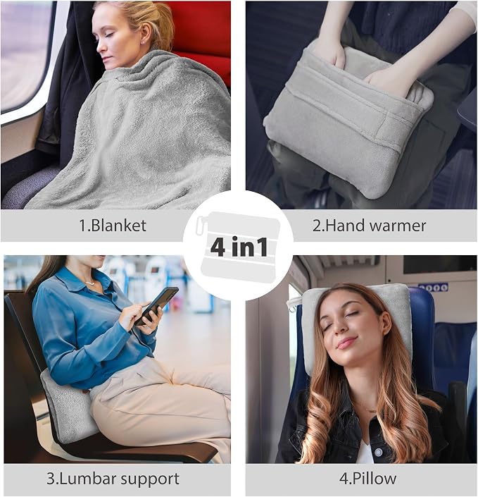 DEZ FURNISHINGS 4-in-1 Travel Compact Blanket Pillow Super Soft Velvet with Luggage Sleeve and Backpack Clip, Gray, 60" W x 45" H - Image 5