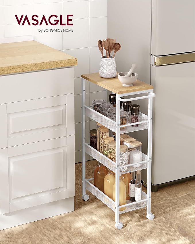 VASAGLE Slim Rolling Cart, 4-Tier, 8.7 Inches Deep, Steel Frame | Storage Cart with Handle, Narrow for Kitchen, Living Room, Golden Oak and Matte White, DACEY Collection ULRC033W09 - Image 2