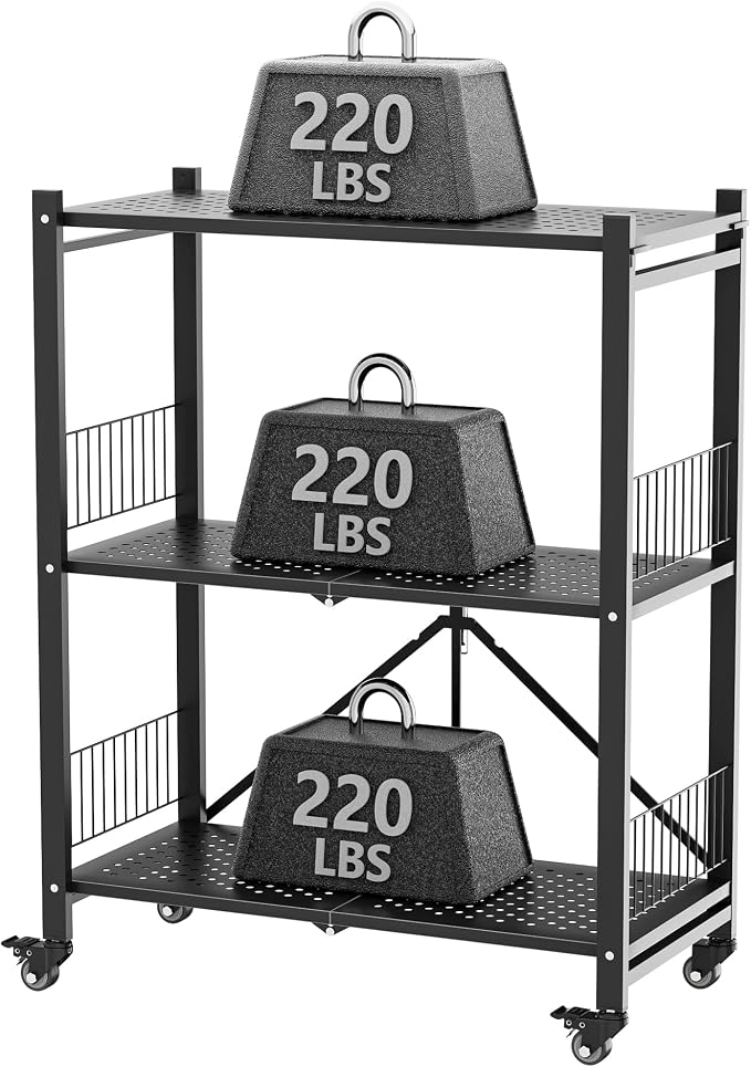 Folding Storage Shelves No Assembly, 3 Tier Metal Foldable Shelves with Wheels, Collapsible Rolling Storage Rack for Laundry Room Garage Small Spaces, Black - Image 4