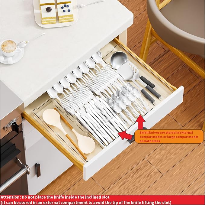 Large Expandable Silverware Organizer - Adjustable From 11'' to 21.3'' - Spatula,Gadget,Knife,Cutlery,Spoons and Forks Organizer,Clear Flatware,Silverware Tray,Utensil Organizer for Kitchen Drawers - Image 7