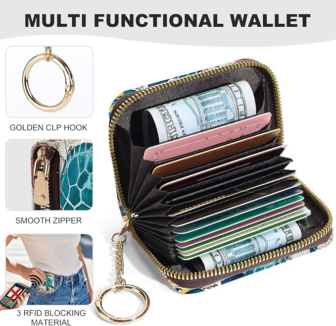 Credit Card Holder for Women,Small Rfid Wallet with Keychain Zipper,Cute PU Leather Card Case Wallet，Accordion Credit Card Wallets Gift,Retro Turtle - Image 2