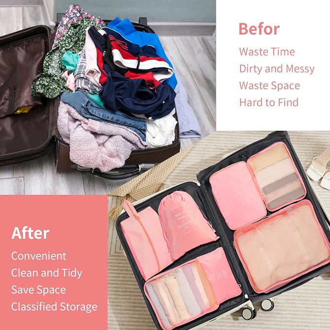 7PCS Packing Cubes for Suitcases, Travel Luggage Organizer Bags, Suitcase Organizer Bags Set for Carry on Luggage Travel Essentials, Pink - Image 6