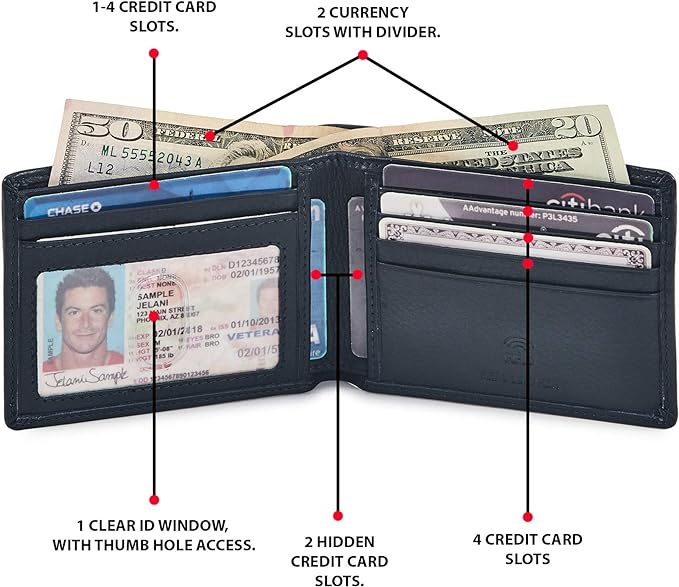 Real Leather Mens Bifold Wallet RFID Blocking Slim Minimalist Front Pocket - Thin & Stylish with ID Window in Gift Box (Nappa, Midnight Navy) - Image 3