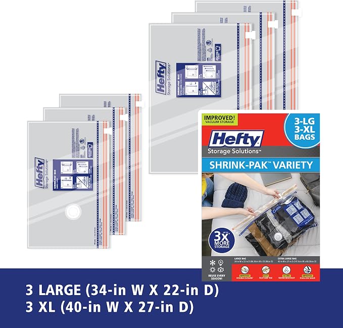 Hefty Shrink-Pak Vacuum Storage Bags - Space Saver for Under Bed Storage, Clothing and Comforters, Odor Resistant, 3X More Storage Space - 3 Large, 3 XL Bags - Image 7