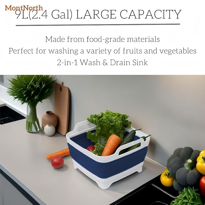 Collapsible Wash Basin 9L, Foldable Dish Tub with Drain Plug, Portable Collapsible Dish Basin, Camping Sink for Washing Dishes, Laundry & Kitchen Use (Navy Blue) - Image 7