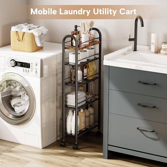 Slim Storage Cart, 5 Tier Narrow Utility Cart with Metal Frame and Wooden Top, Rolling Storage Organizer Shelving Unit for Kitchen, Dining Room, Living Room,Home Office, Vintage - Image 4
