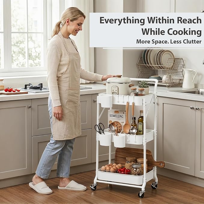 Amatic 3-Tier Folding Rolling Utility Cart with Wheels, Foldable Storage Cart Organizer with 3 Hanging Cups & 6 Hooks for Kitchen, Office, Living Room, Nursery(White) - Image 7