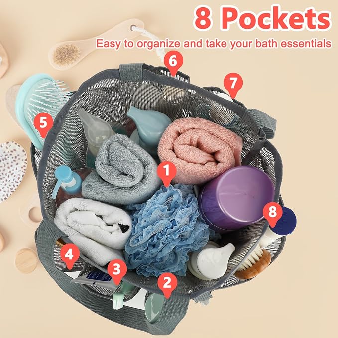 Fammart Mesh Shower Caddy Portable for College Dorm Room Essentials, Odorless Polyester Large Shower Tote Bag with Dual Handles, 8-Pocket Quick-Dry Toiletry Organizer for Travel, Beach, Camping, Gym - Image 4