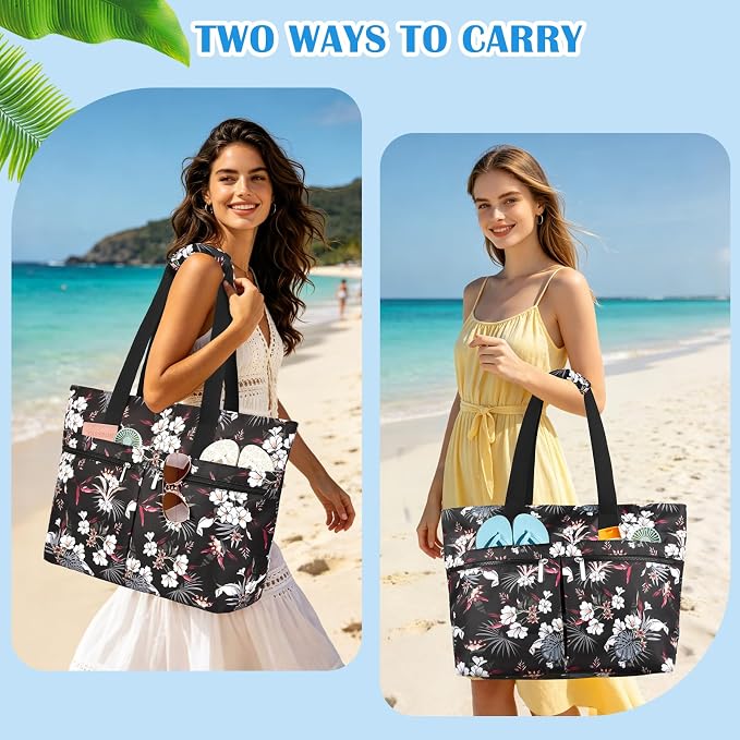 HUANLANG Large Beach Bags for Women Pool Bag with Zipper, Waterproof Sandproof Beach Tote Travel Bag with Wet Pocket - Image 9