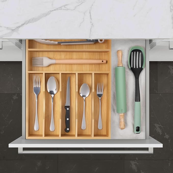 Kitchen Bamboo Silverware Organizer, Kitchen Drawer Organizer - Utensil Holder and Cutlery Tray with Grooved Drawer Dividers for Flatware 7 Slot, Natural - Image 9