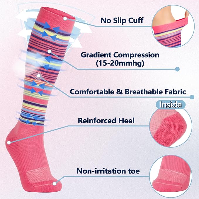 +MD Cotton Compression Socks for Women & Men 4/6 Pairs 15-20mmHg Knee High for Sports, Travel, Nursing Long Sitting Standing - Image 2