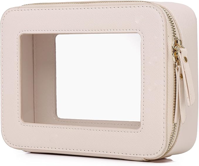 Pinkmik Clear Makeup Bag, (Beige, M) | Waterproof, Travel Cosmetics and Toiletries Case, Portable Makeup Organizer, Clear Car Bag with Zipper by Pinkmik